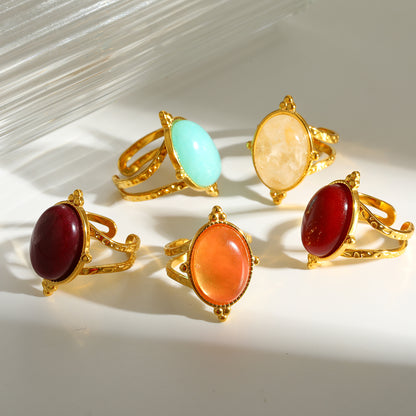 Geometric Rings For Women In 304 Stainless Steel With 18K Real Gold Plating And Natural Stone Inlay, Perfect For New Year