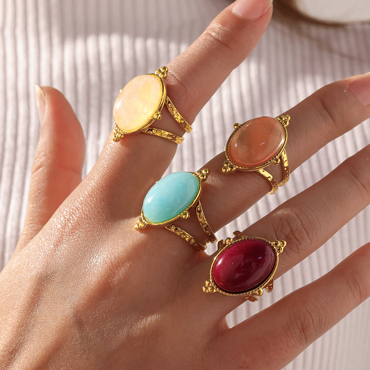 Geometric Rings For Women In 304 Stainless Steel With 18K Real Gold Plating And Natural Stone Inlay, Perfect For New Year