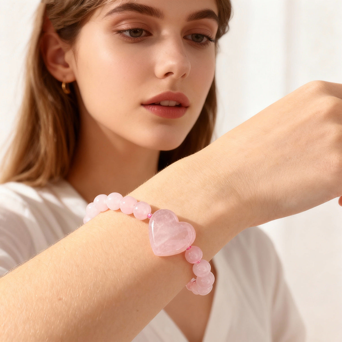 Pink Heart Shape Natural Stone Bracelet, 1 Piece, Perfect For Valentine's Day Gift