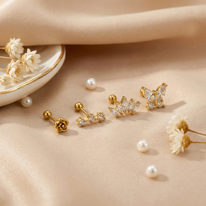 Electroplated Flowers Stud Earrings For Women In 304 Stainless Steel With 18K Real Gold Plated And Zircon Inlay