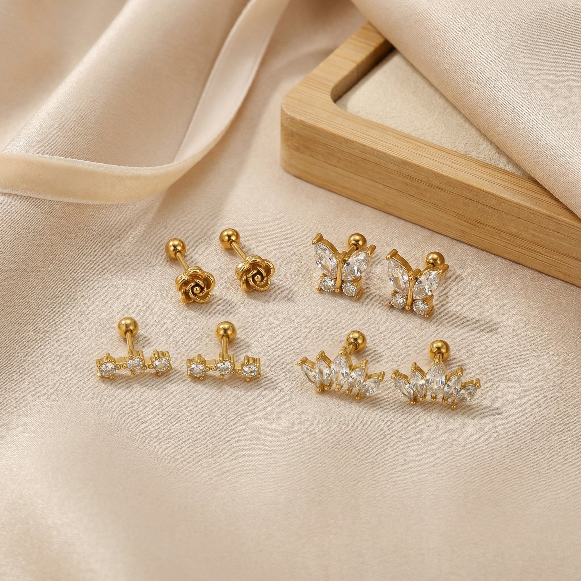 Electroplated Flowers Stud Earrings For Women In 304 Stainless Steel With 18K Real Gold Plated And Zircon Inlay