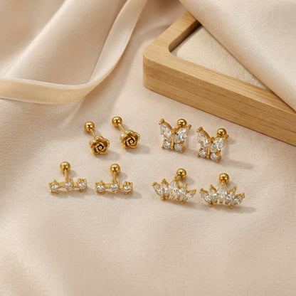 Electroplated Flowers Stud Earrings For Women In 304 Stainless Steel With 18K Real Gold Plated And Zircon Inlay
