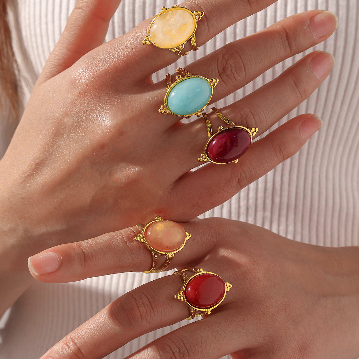 Geometric Rings For Women In 304 Stainless Steel With 18K Real Gold Plating And Natural Stone Inlay, Perfect For New Year