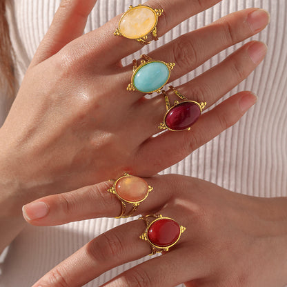 Geometric Rings For Women In 304 Stainless Steel With 18K Real Gold Plating And Natural Stone Inlay, Perfect For New Year