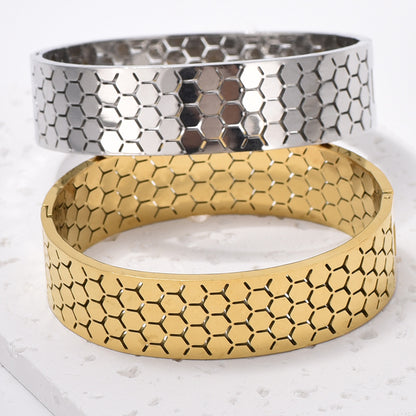 Wide Bracelet For Bangle Made Of Titanium Steel Featuring A Golden Finish