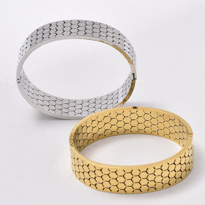 Wide Bracelet For Bangle Made Of Titanium Steel Featuring A Golden Finish