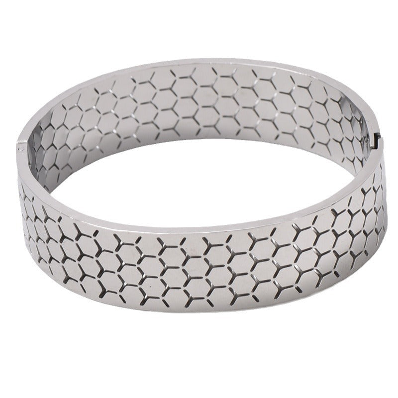 Wide Bracelet For Bangle Made Of Titanium Steel Featuring A Golden Finish