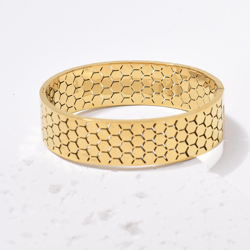 Wide Bracelet For Bangle Made Of Titanium Steel Featuring A Golden Finish