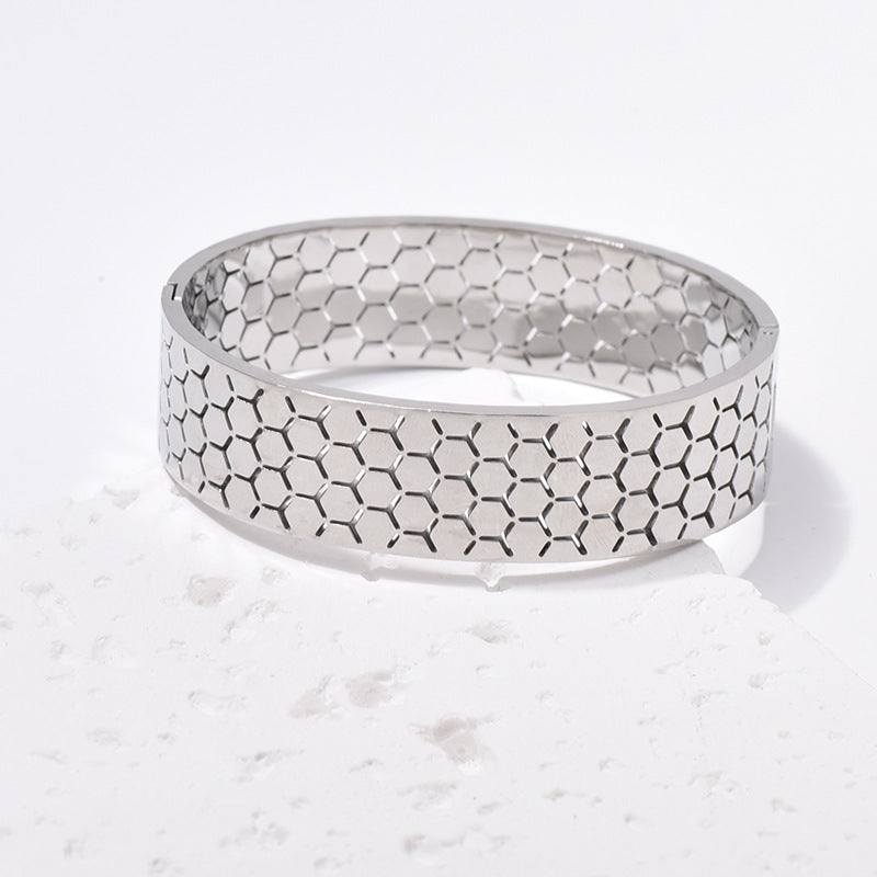 Wide Bracelet For Bangle Made Of Titanium Steel Featuring A Golden Finish
