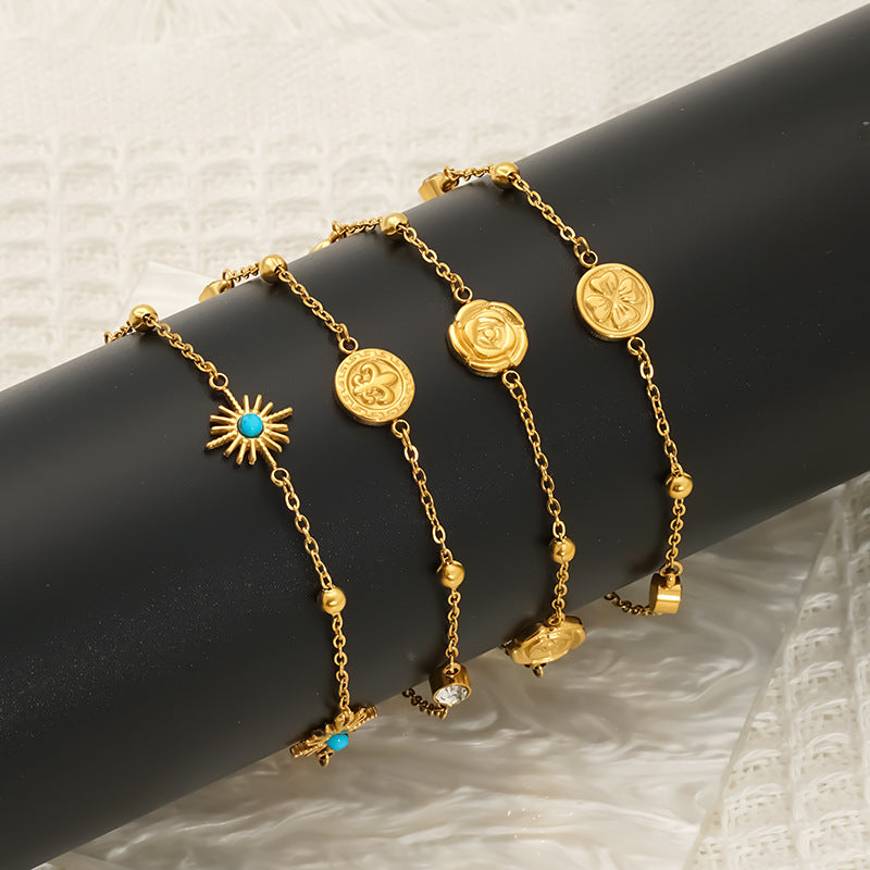Sun For Bracelets In Titanium Steel With 18K Real Gold Plated And Turquoise Inlay, Available In Golden
