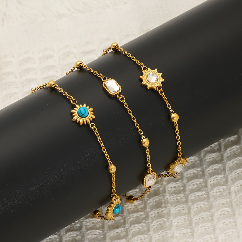 Sun For Bracelets In Titanium Steel With 18K Real Gold Plated And Turquoise Inlay, Available In Golden