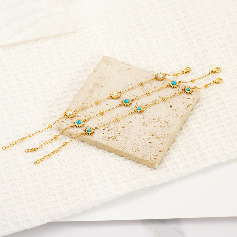 Sun For Bracelets In Titanium Steel With 18K Real Gold Plated And Turquoise Inlay, Available In Golden