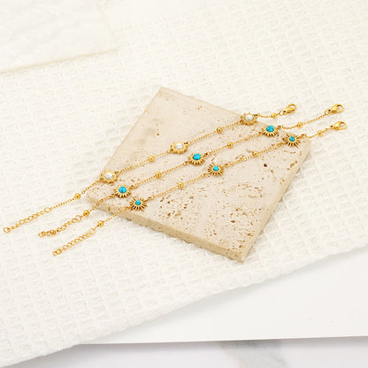 Sun For Bracelets In Titanium Steel With 18K Real Gold Plated And Turquoise Inlay, Available In Golden