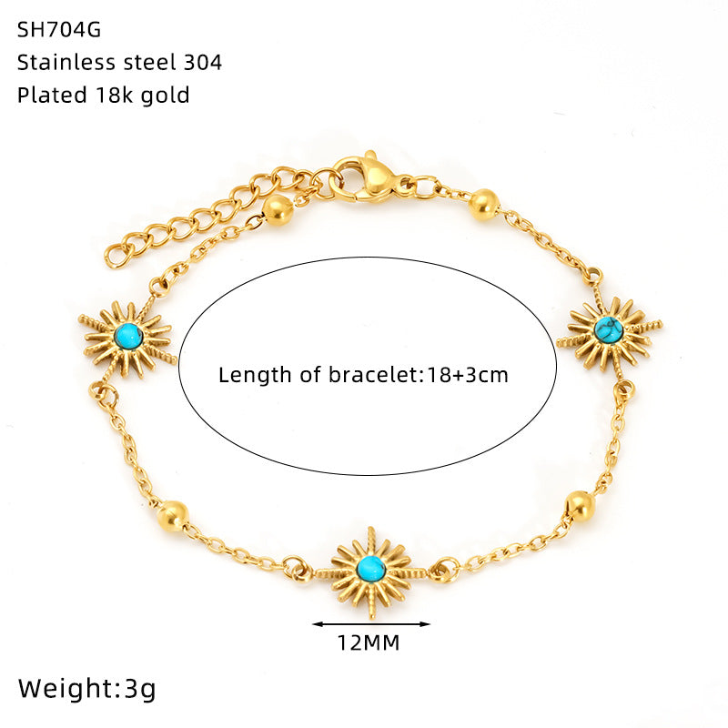 Sun For Bracelets In Titanium Steel With 18K Real Gold Plated And Turquoise Inlay, Available In Golden