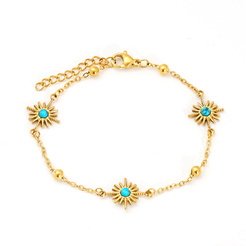 Sun For Bracelets In Titanium Steel With 18K Real Gold Plated And Turquoise Inlay, Available In Golden