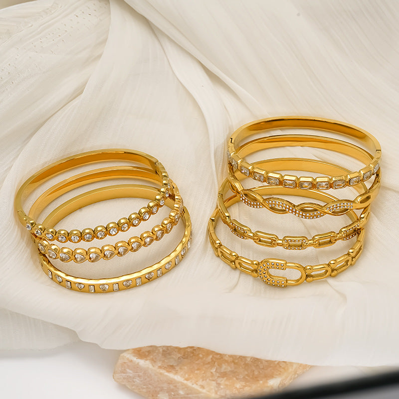 For Bangle In Titanium Steel With Zircon Inlay, Available In Golden Color