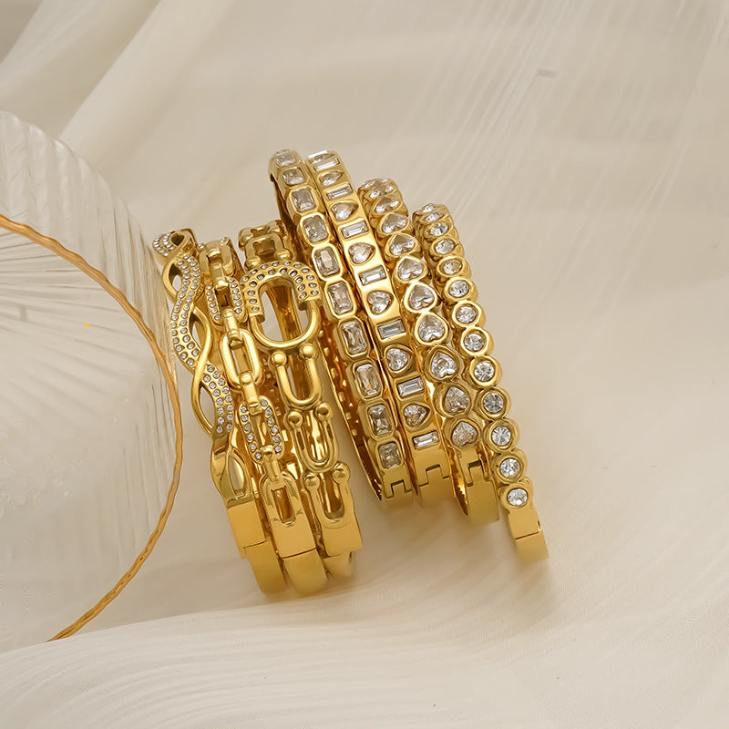 For Bangle In Titanium Steel With Zircon Inlay, Available In Golden Color