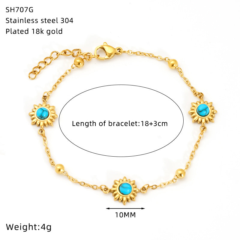 Sun For Bracelets In Titanium Steel With 18K Real Gold Plated And Turquoise Inlay, Available In Golden
