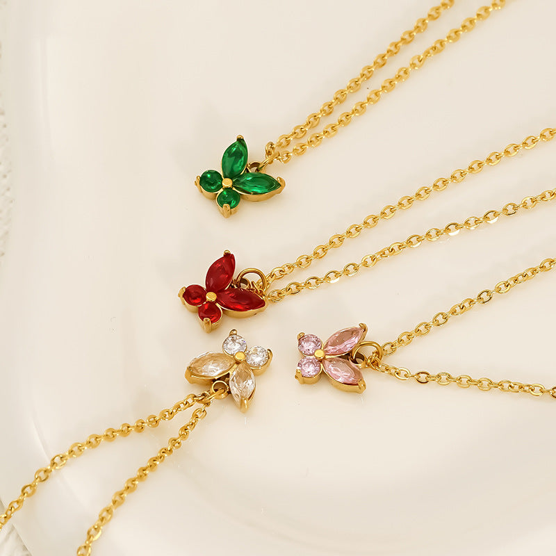 Butterfly Necklace For Women In Titanium Steel With Red Zircon Inlay, Elegant And Durable Jewelry