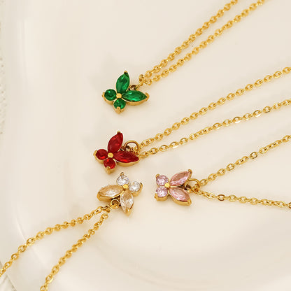 Butterfly Necklace For Women In Titanium Steel With Red Zircon Inlay, Elegant And Durable Jewelry