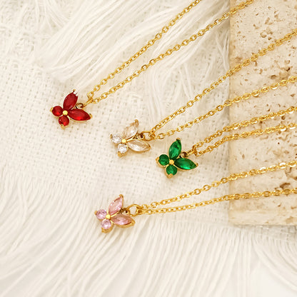 Butterfly Necklace For Women In Titanium Steel With Red Zircon Inlay, Elegant And Durable Jewelry