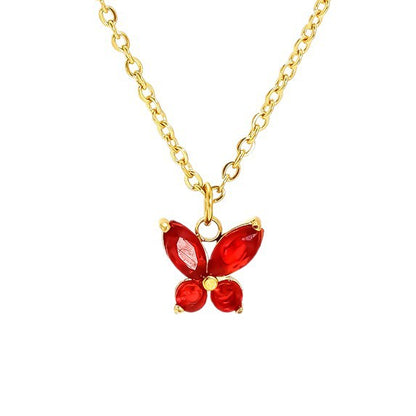 Butterfly Necklace For Women In Titanium Steel With Red Zircon Inlay, Elegant And Durable Jewelry