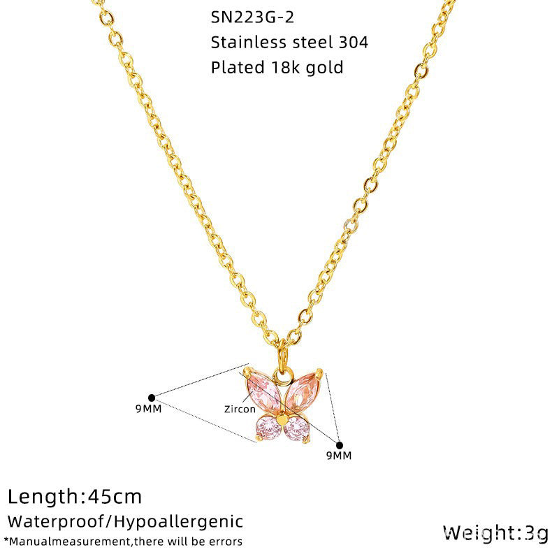 Butterfly Necklace For Women In Titanium Steel With Red Zircon Inlay, Elegant And Durable Jewelry