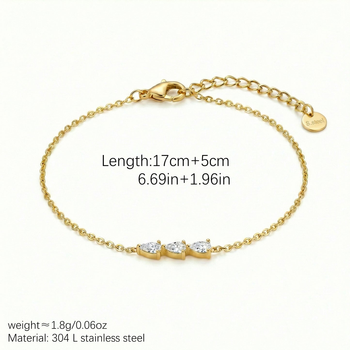 Water Droplets Bracelet For Women In 304 Stainless Steel With 18K Real Gold Plated Finish And Zircon Inlay On Cable Chain