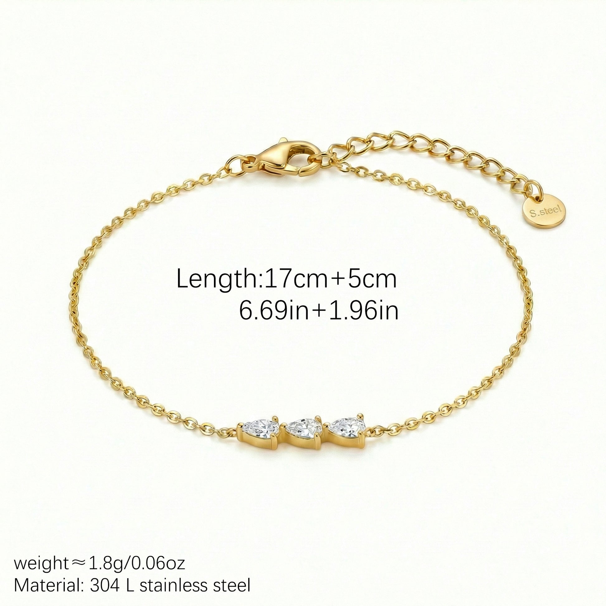 Water Droplets Bracelet For Women In 304 Stainless Steel With 18K Real Gold Plated Finish And Zircon Inlay On Cable Chain