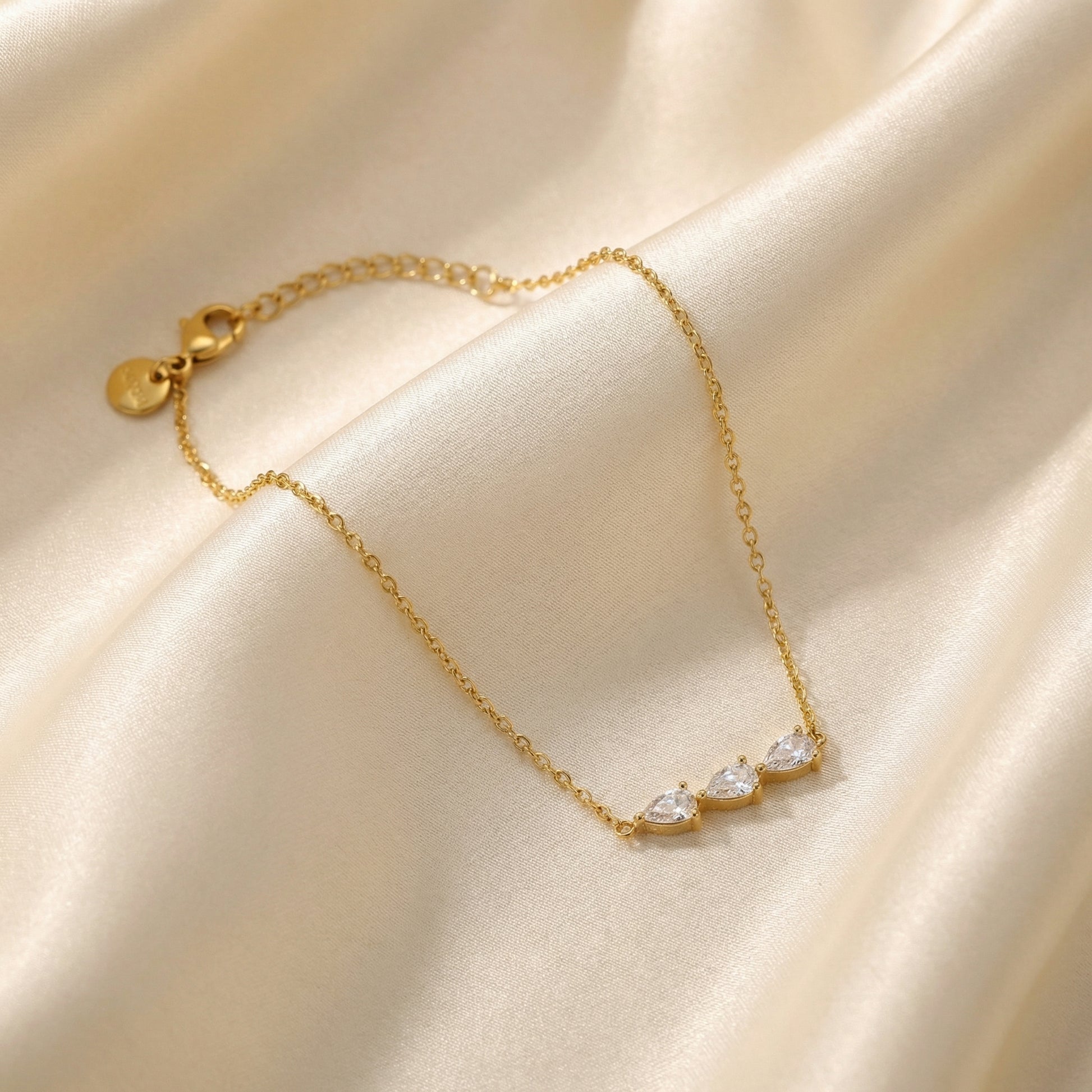 Water Droplets Bracelet For Women In 304 Stainless Steel With 18K Real Gold Plated Finish And Zircon Inlay On Cable Chain