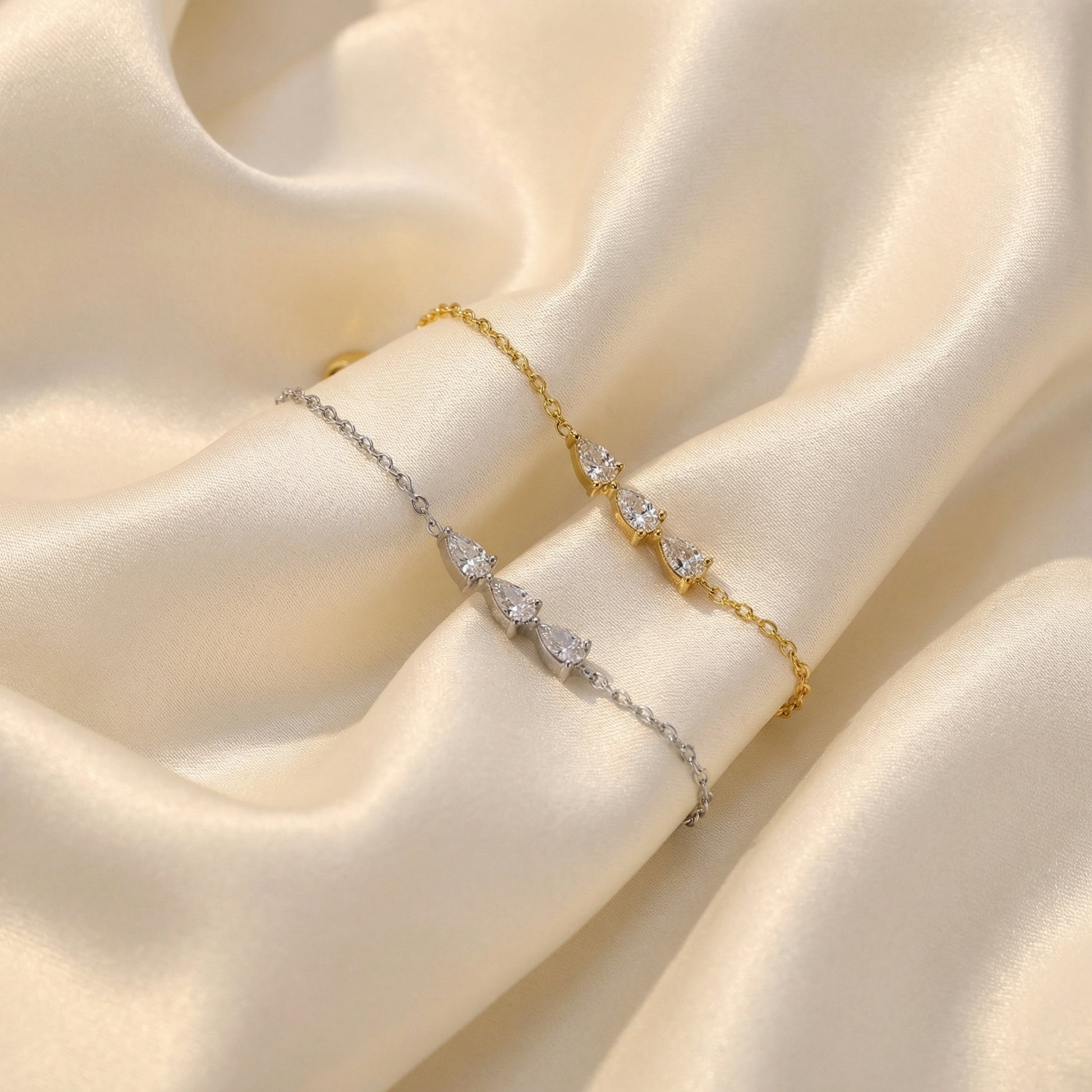 Water Droplets Bracelet For Women In 304 Stainless Steel With 18K Real Gold Plated Finish And Zircon Inlay On Cable Chain