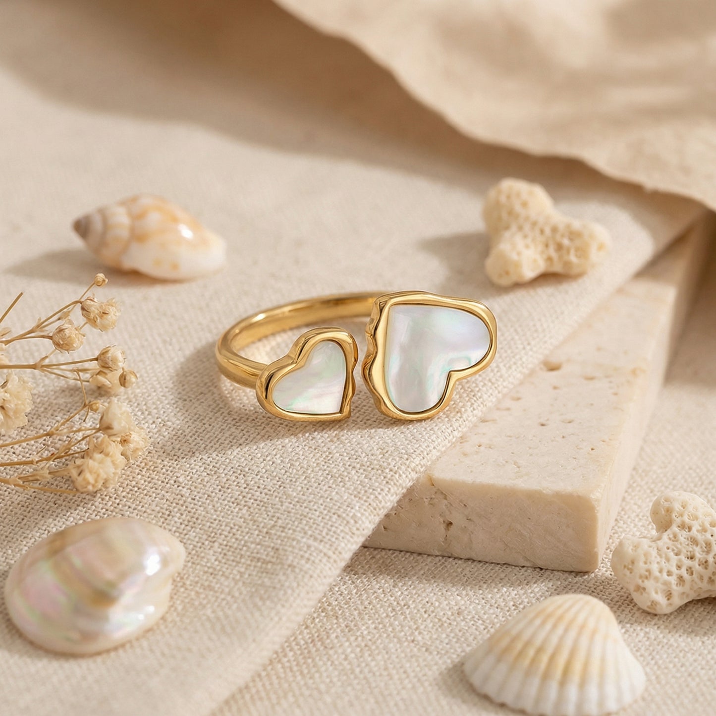 Geometric Rings For Women Crafted From 304 Stainless Steel With Electroplated 18K Real Gold Plated Finish And Pearl Inlay