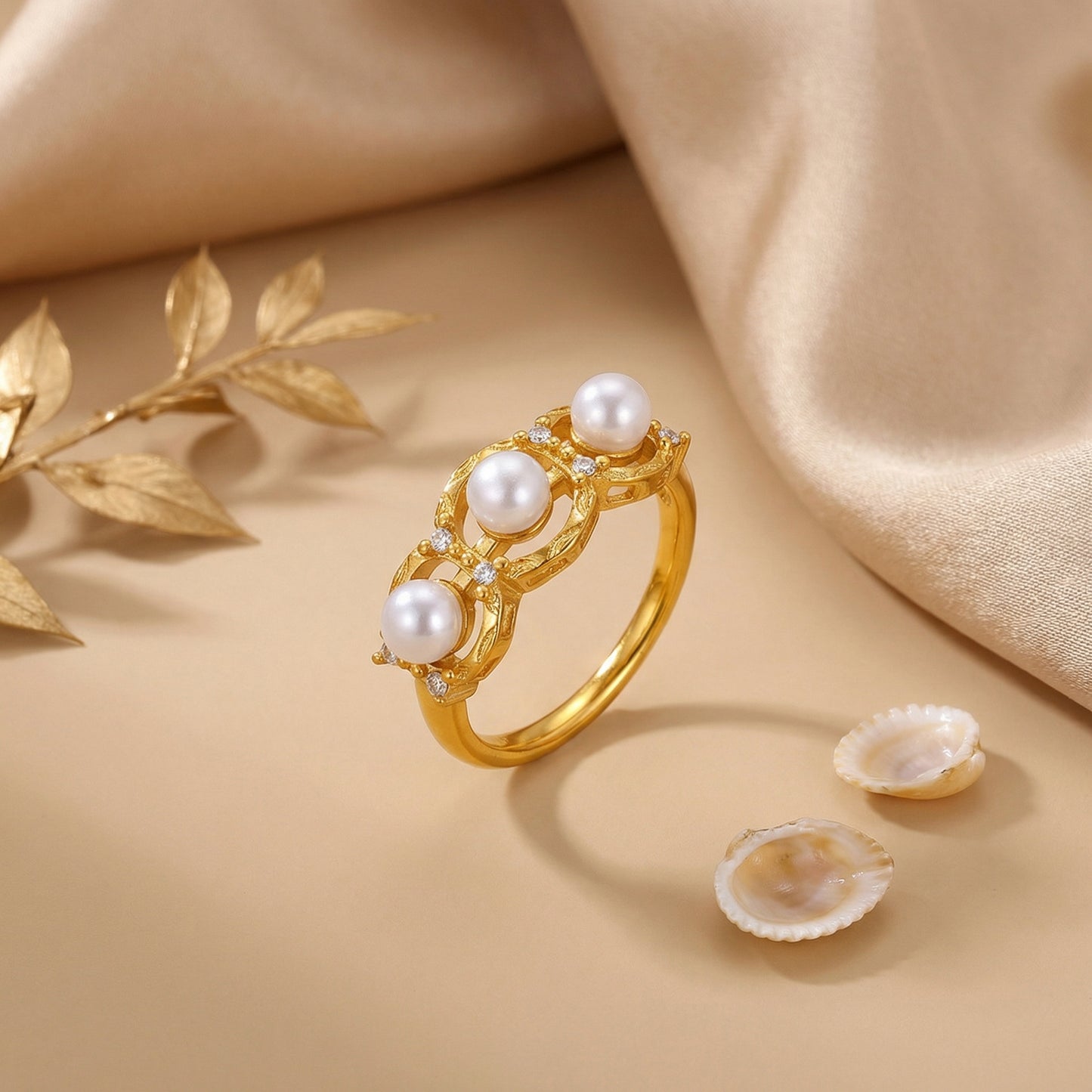 Geometric Rings For Women Crafted From 304 Stainless Steel With Electroplated 18K Real Gold Plated Finish And Pearl Inlay