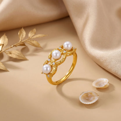 Geometric Rings For Women Crafted From 304 Stainless Steel With Electroplated 18K Real Gold Plated Finish And Pearl Inlay