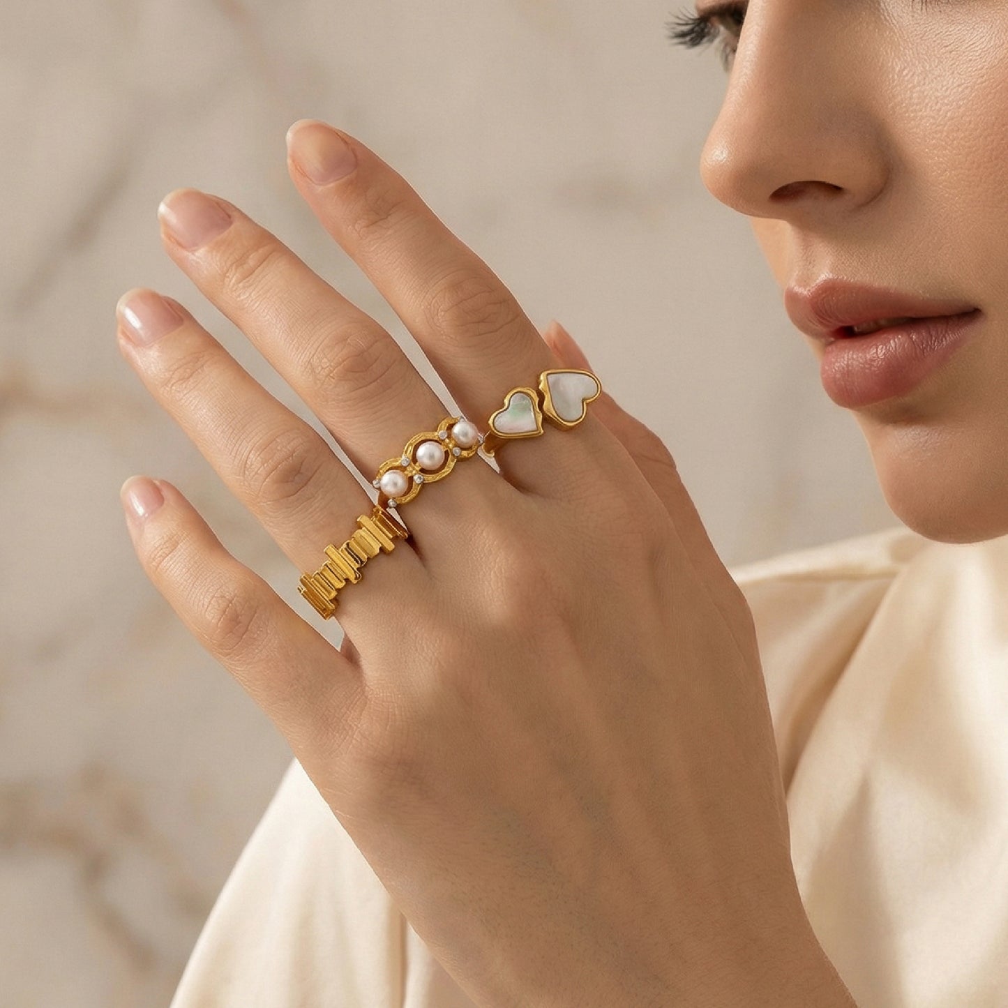Geometric Rings For Women Crafted From 304 Stainless Steel With Electroplated 18K Real Gold Plated Finish And Pearl Inlay