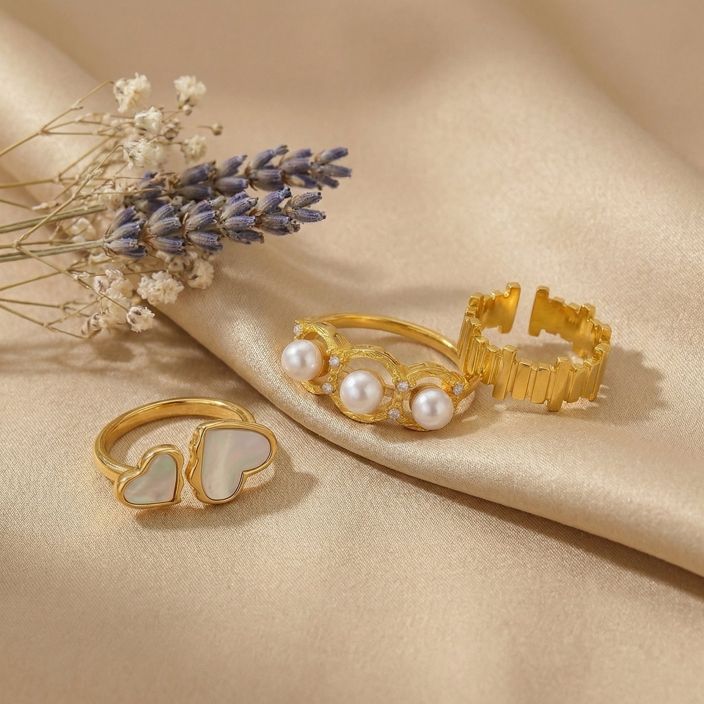 Geometric Rings For Women Crafted From 304 Stainless Steel With Electroplated 18K Real Gold Plated Finish And Pearl Inlay