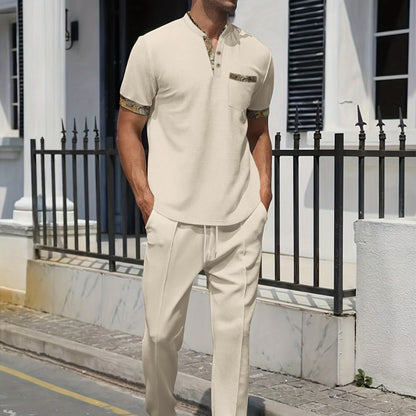 Men's Khaki Pocket Pant Co-ord Set In Polyester With V Neck And Short Sleeve, Full Length Casual Sportswear