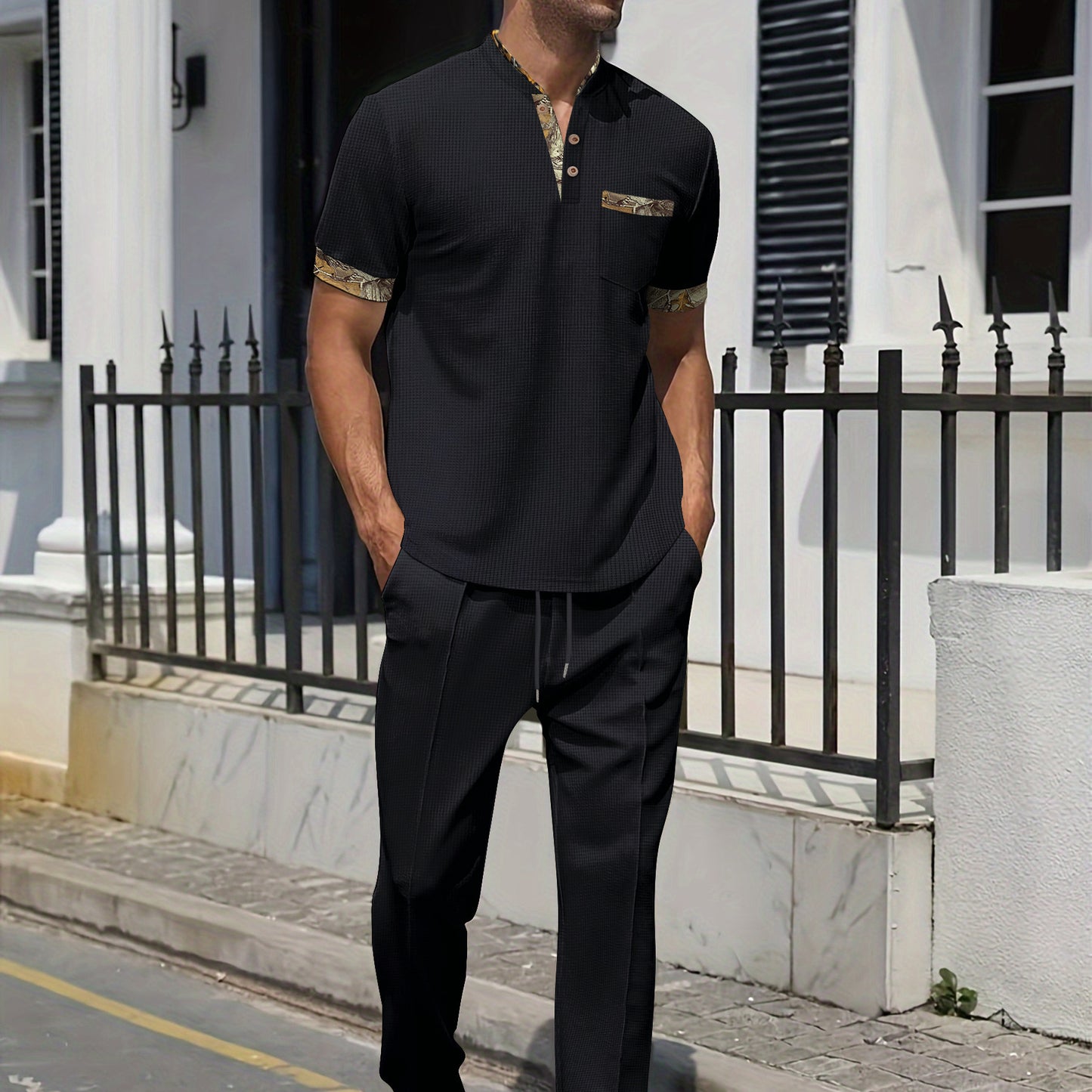 Men's Khaki Pocket Pant Co-ord Set In Polyester With V Neck And Short Sleeve, Full Length Casual Sportswear