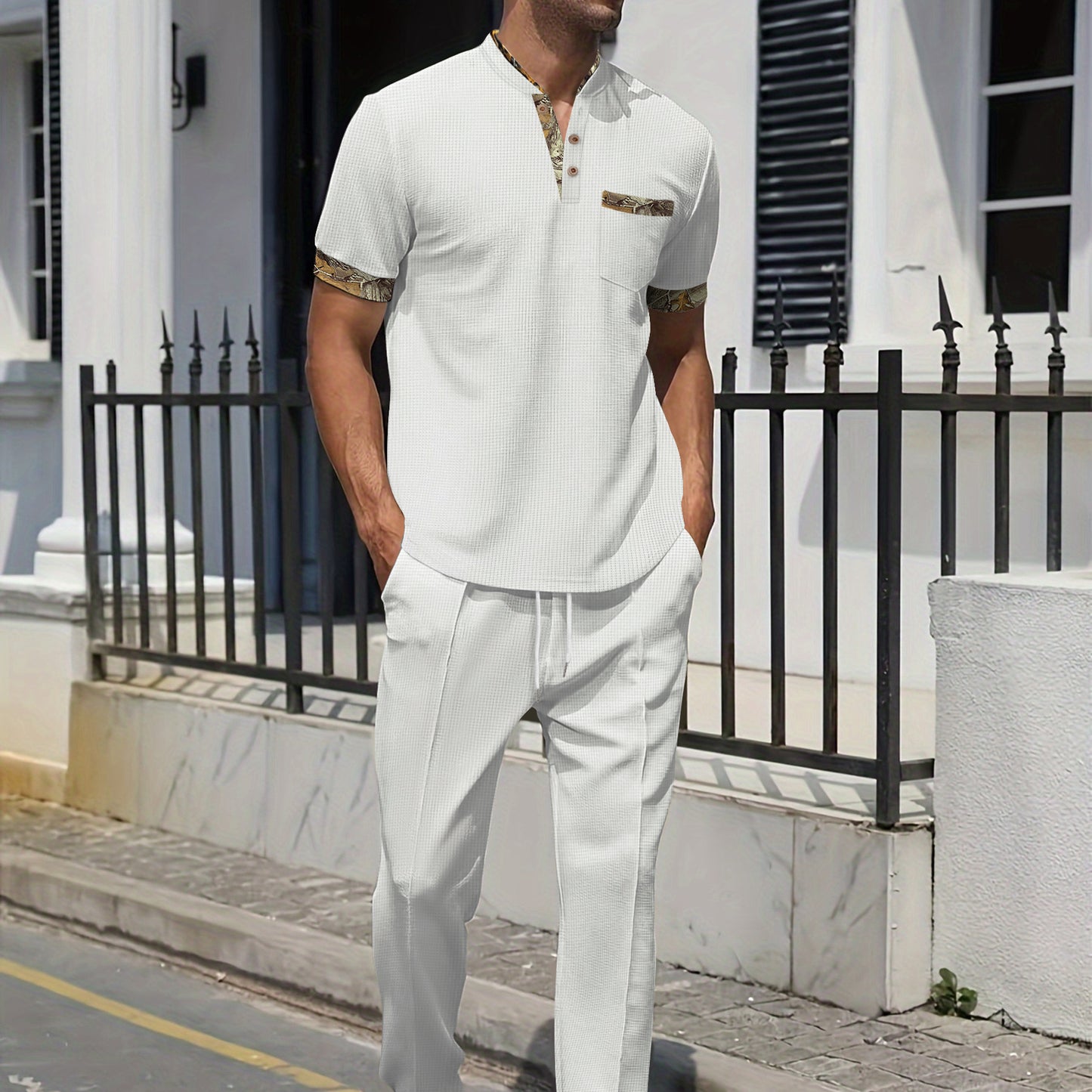 Men's Khaki Pocket Pant Co-ord Set In Polyester With V Neck And Short Sleeve, Full Length Casual Sportswear