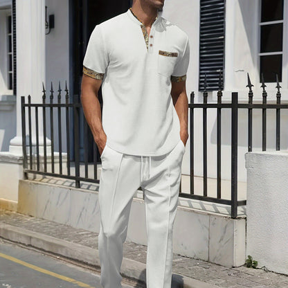 Men's Khaki Pocket Pant Co-ord Set In Polyester With V Neck And Short Sleeve, Full Length Casual Sportswear