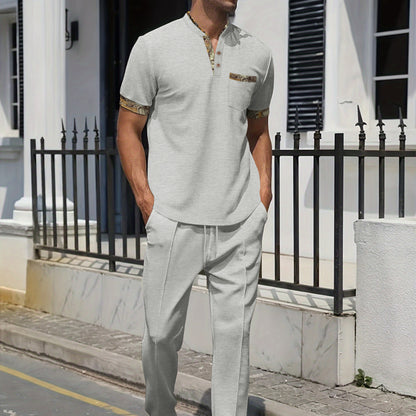 Men's Khaki Pocket Pant Co-ord Set In Polyester With V Neck And Short Sleeve, Full Length Casual Sportswear