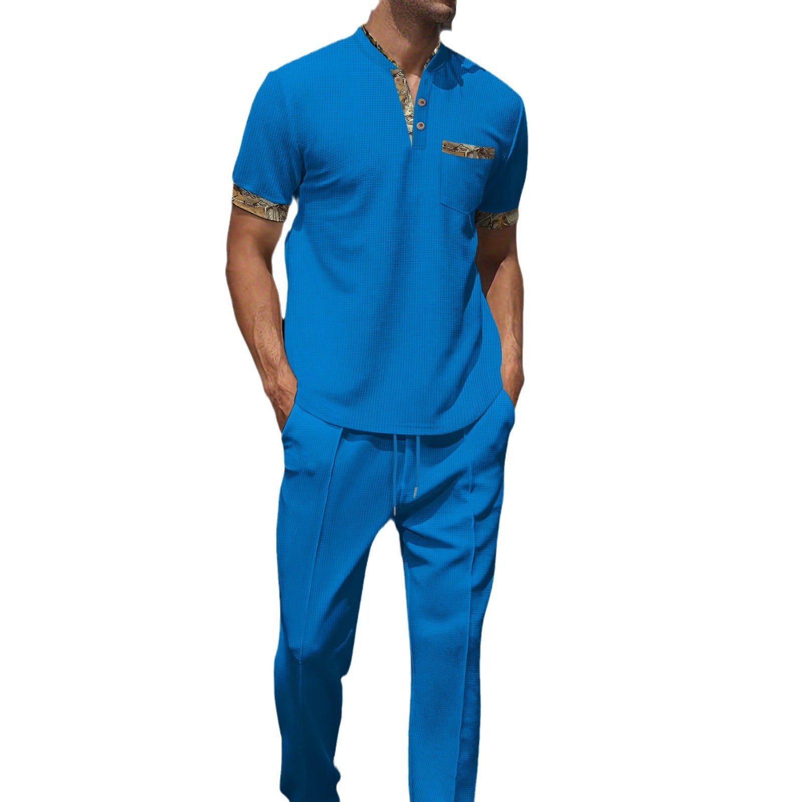 Men's Khaki Pocket Pant Co-ord Set In Polyester With V Neck And Short Sleeve, Full Length Casual Sportswear
