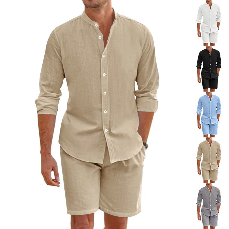 Men's Casual Khaki Linen Shorts Co-ord Set With V Neck Long Sleeve Top And Shorts