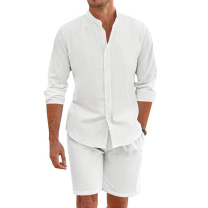 Men's Casual Khaki Linen Shorts Co-ord Set With V Neck Long Sleeve Top And Shorts