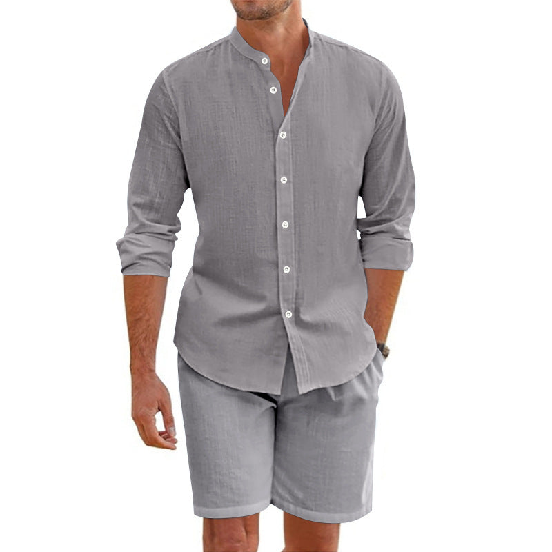 Men's Casual Khaki Linen Shorts Co-ord Set With V Neck Long Sleeve Top And Shorts