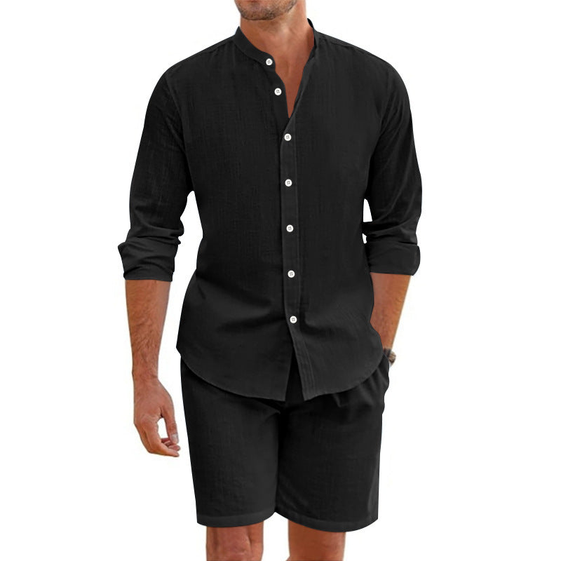 Men's Casual Khaki Linen Shorts Co-ord Set With V Neck Long Sleeve Top And Shorts