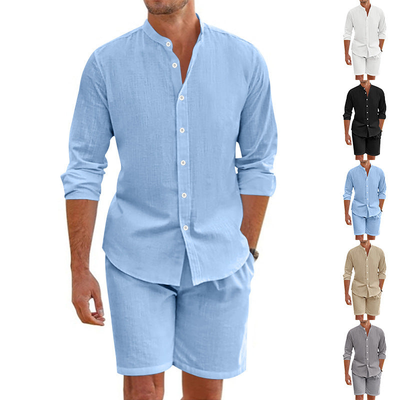 Men's Casual Khaki Linen Shorts Co-ord Set With V Neck Long Sleeve Top And Shorts