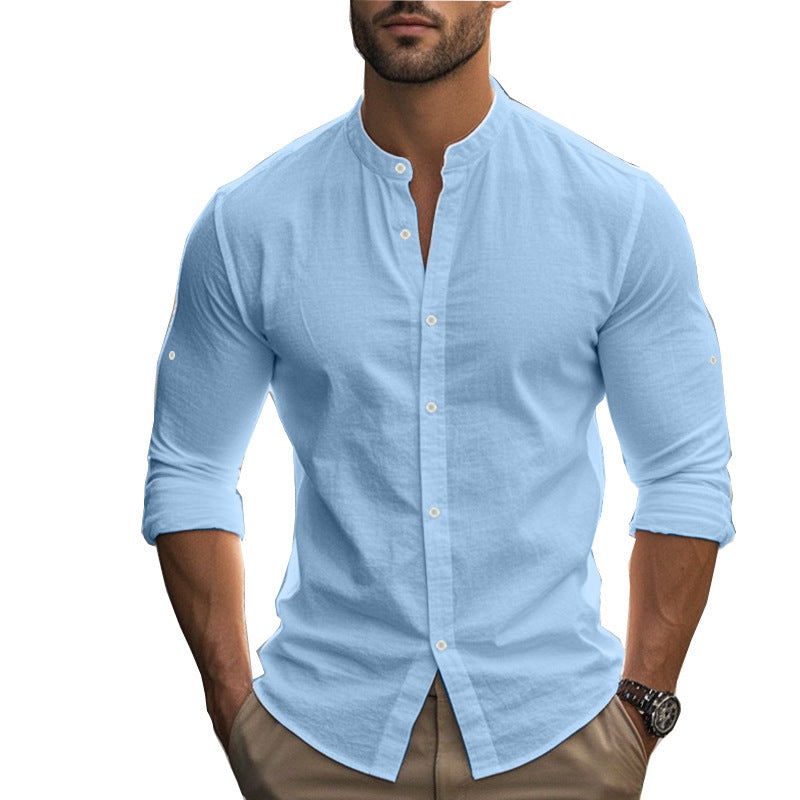 Men's Casual Khaki Linen Shorts Co-ord Set With V Neck Long Sleeve Top And Shorts