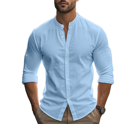 Men's Casual Khaki Linen Shorts Co-ord Set With V Neck Long Sleeve Top And Shorts