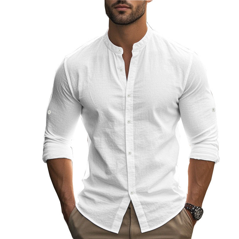 Men's Casual Khaki Linen Shorts Co-ord Set With V Neck Long Sleeve Top And Shorts